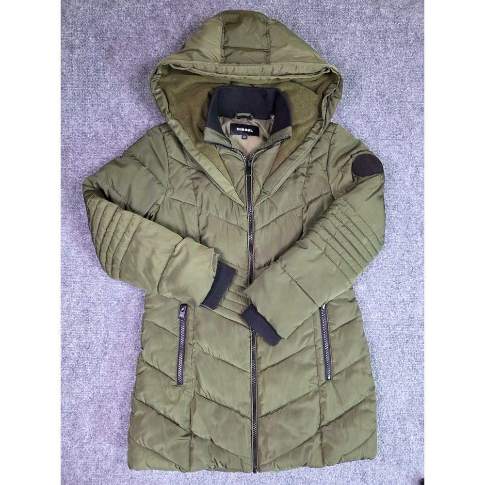 Diesel Puffer Jacket Girls Size 12 Olive Green Hooded Quilted Insulated Coat